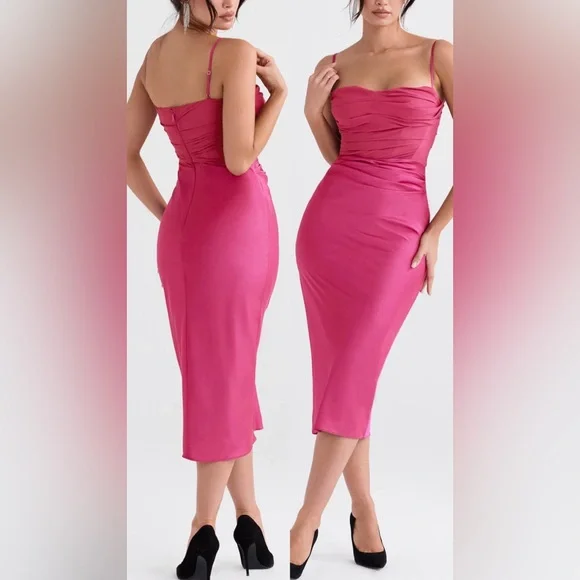 House of CB TEIA HOT PINK DRAPED CORSET MIDI DRESS House of CB TEIA HOT PINK DRAPED CORSET MIDI DRESS